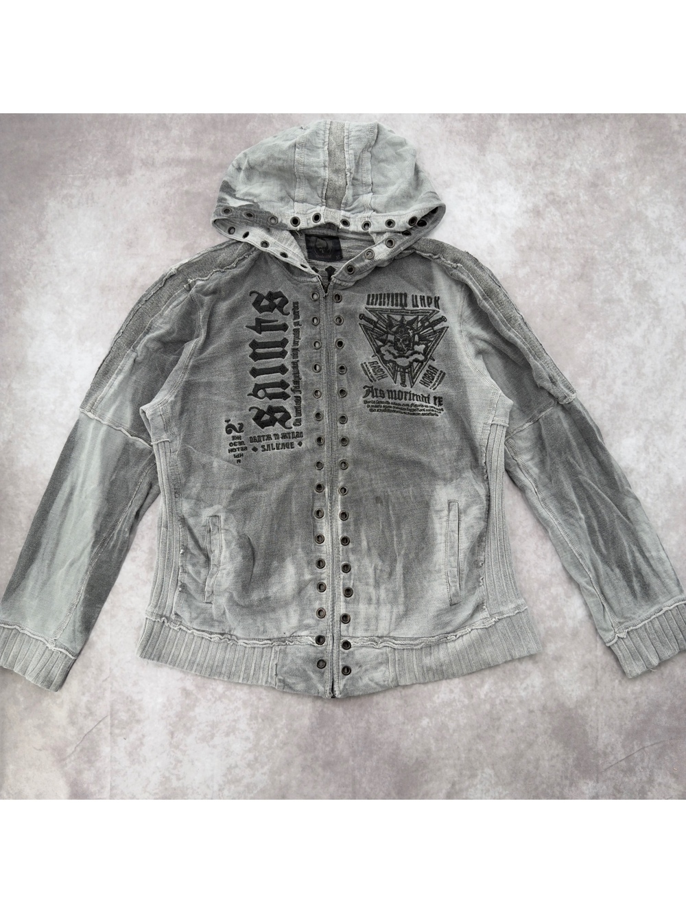 Deadstock y2k Salvage Saints Graphic Zip Up Hoodie Grey Grommet Full Zip L Goth